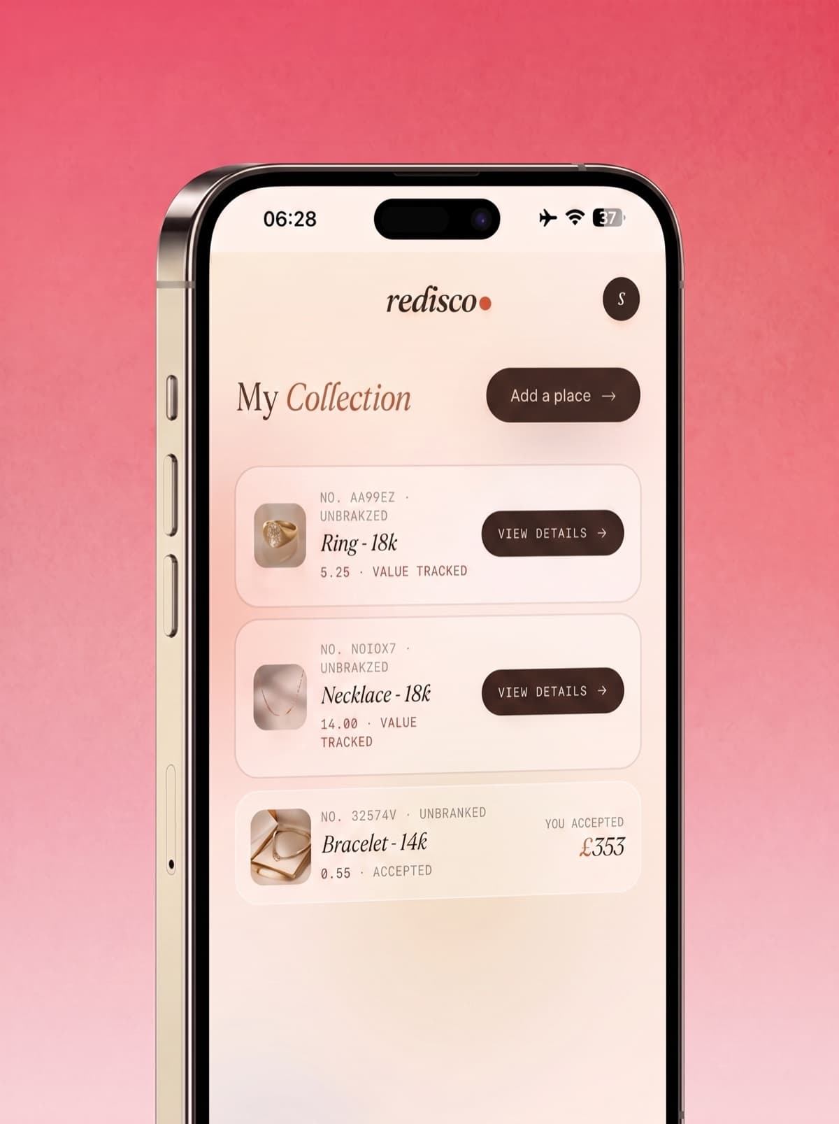 The Unlocket portfolio tracking jewellery value on a phone